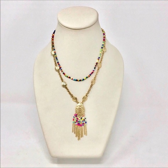 Neiman Marcus NEW Boho Multi Colored Beads 2 Tiered Gold Beaded Necklace - Picture 2 of 5